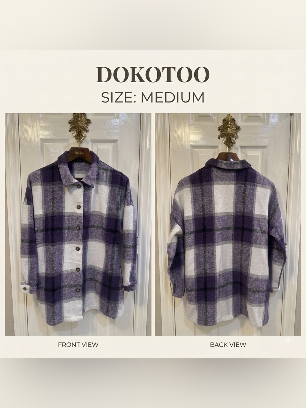 Dokotoo Purple Plaid Flannel Shacket Medium Button Front Fleece Jacket Pockets